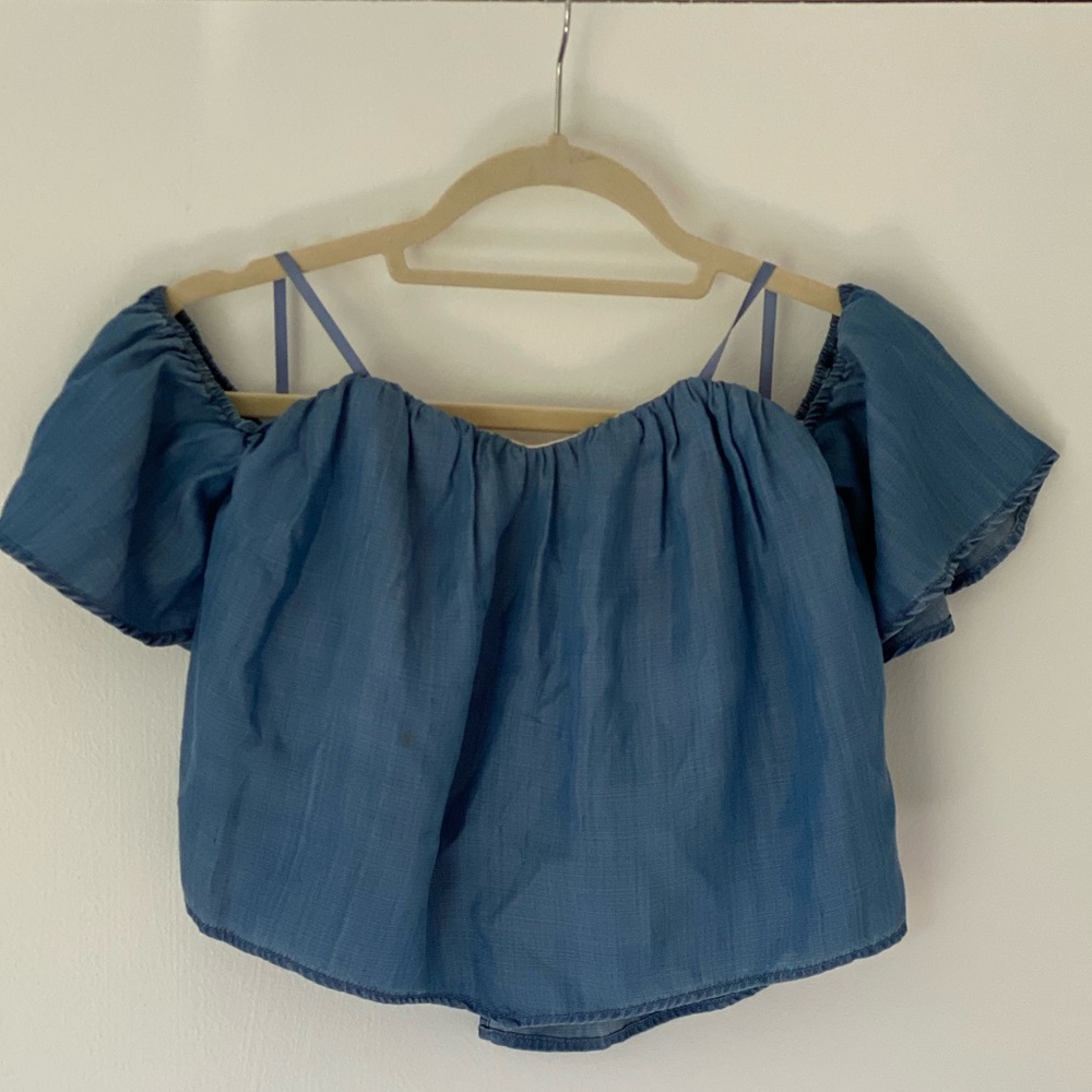 Guess Off the shoulder Jean colored soft crop top